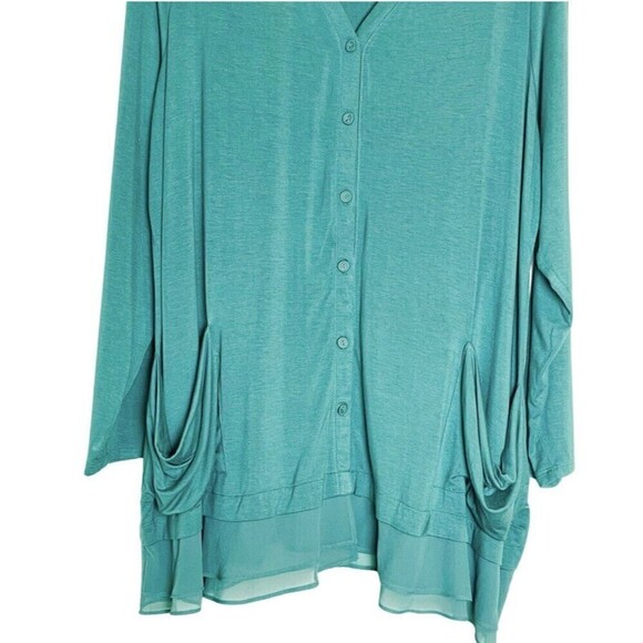 LOGO by Lori Goldstein 2X Button Up Cardigan Sweater Teal Lightweight Lace trim - Picture 2 of 8